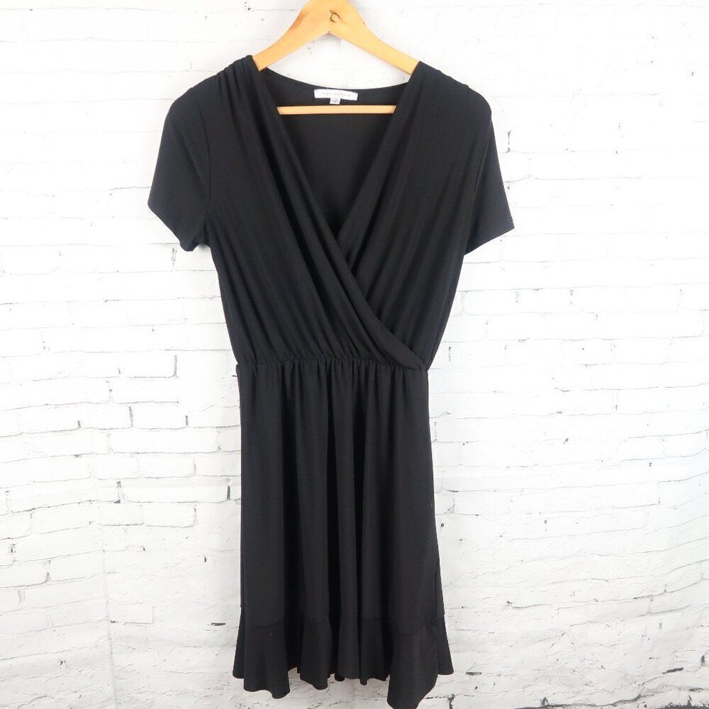 TASH + SOPHIE BLACK MOCK WRAP SHORT SLEEVE MIDI DRESS SIZE MEDIUM